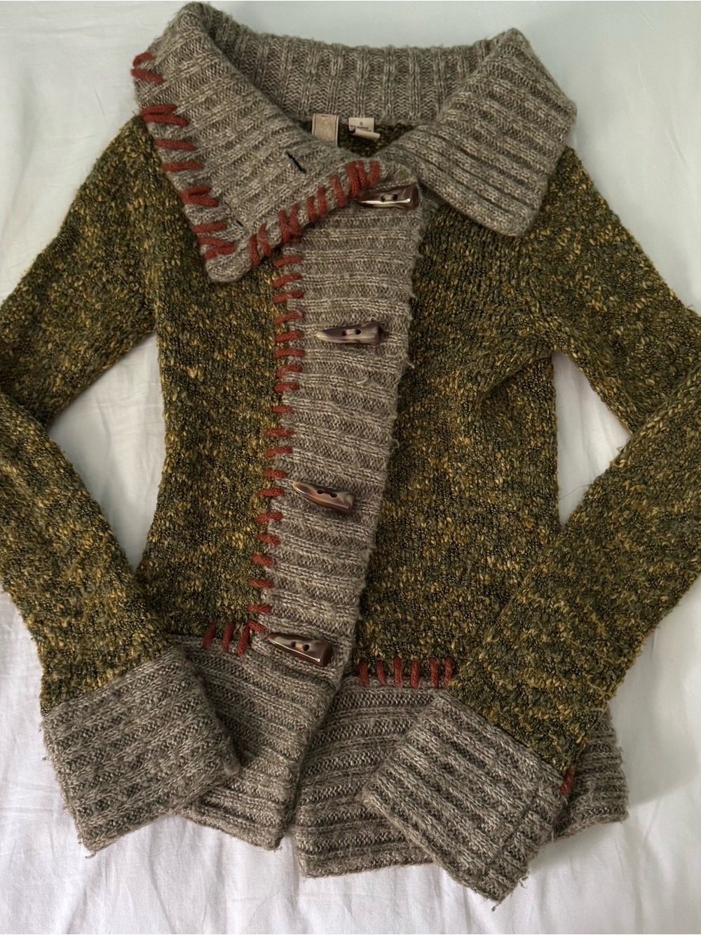Women’s Olive Green Knit Sweater Cardigan with Taupe Trim